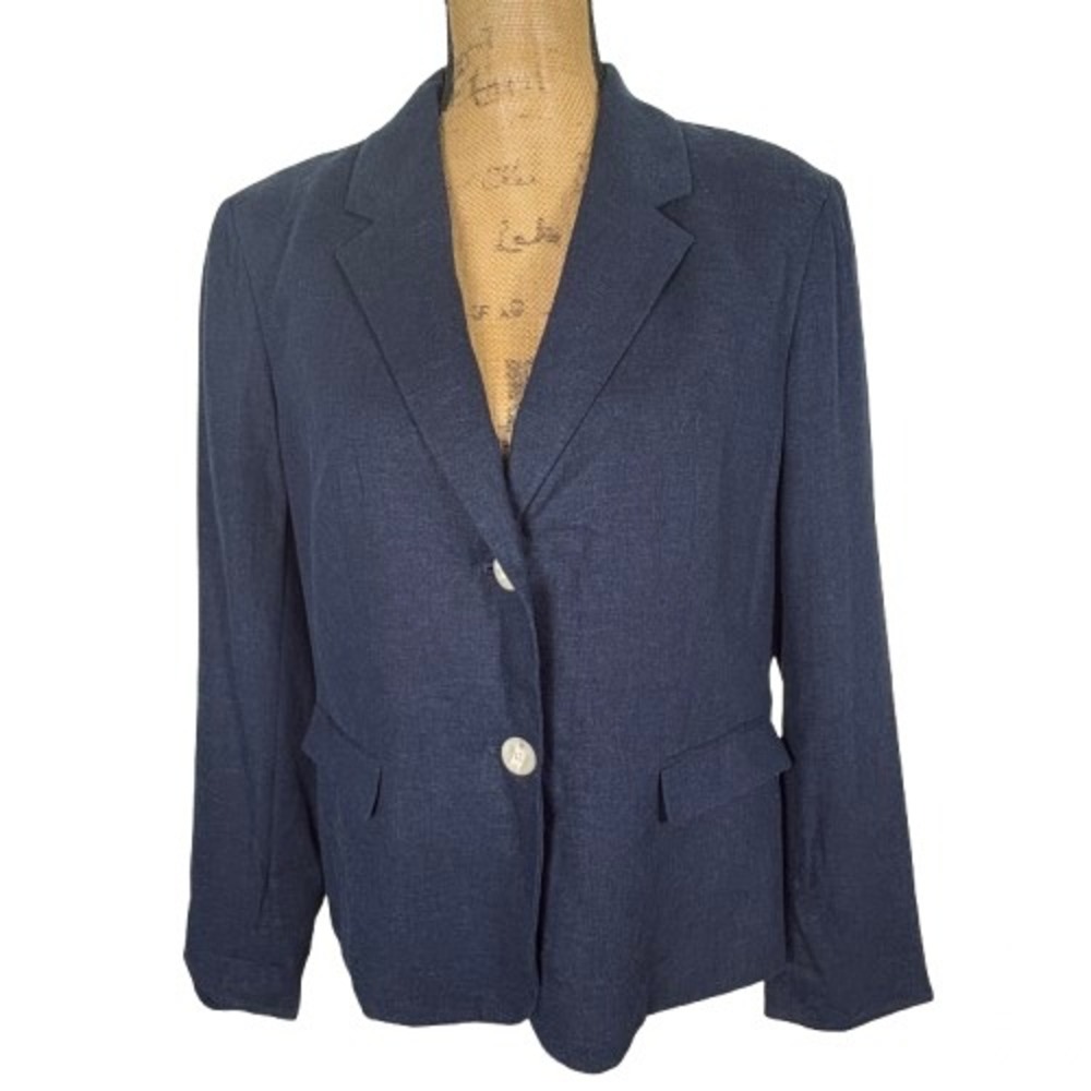 Nine West Navy Linen Blend Two Button Blazer Office Professional Size Large